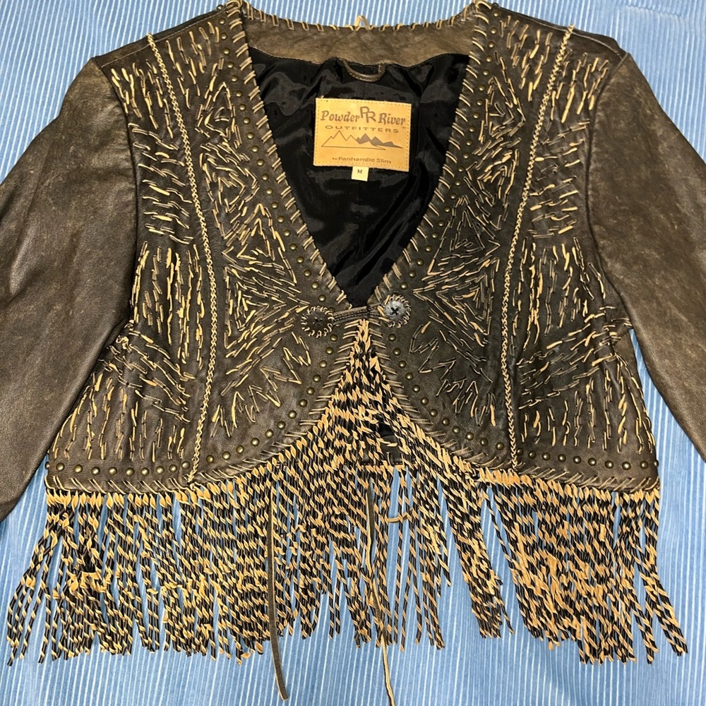 Panhandle Slim Black and Tan Leather Fringe Jacket